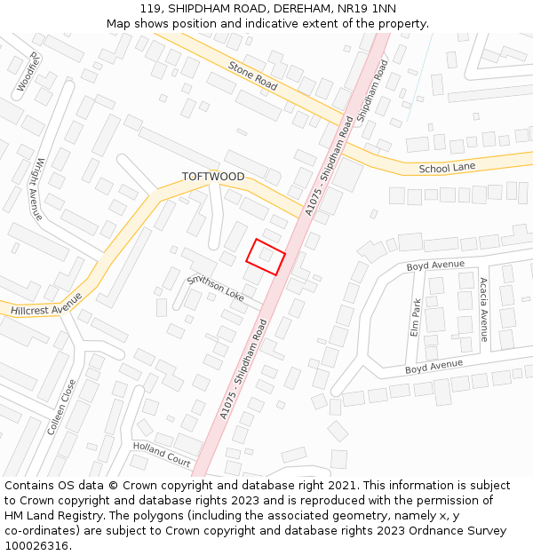 119, SHIPDHAM ROAD, DEREHAM, NR19 1NN: Location map and indicative extent of plot