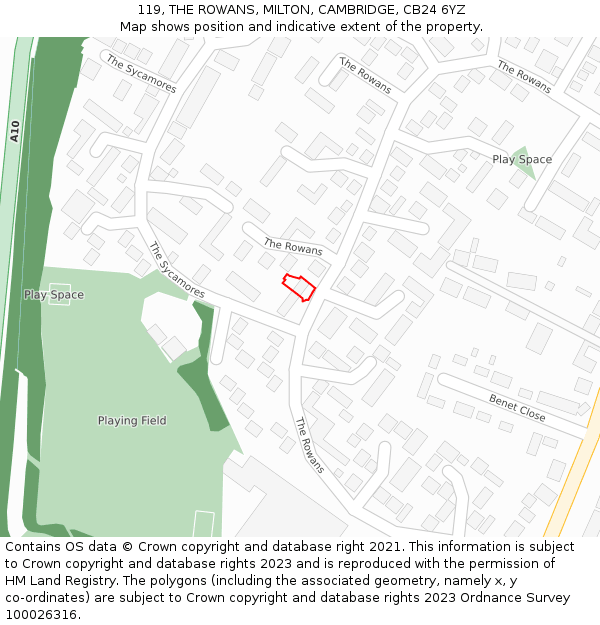 119, THE ROWANS, MILTON, CAMBRIDGE, CB24 6YZ: Location map and indicative extent of plot