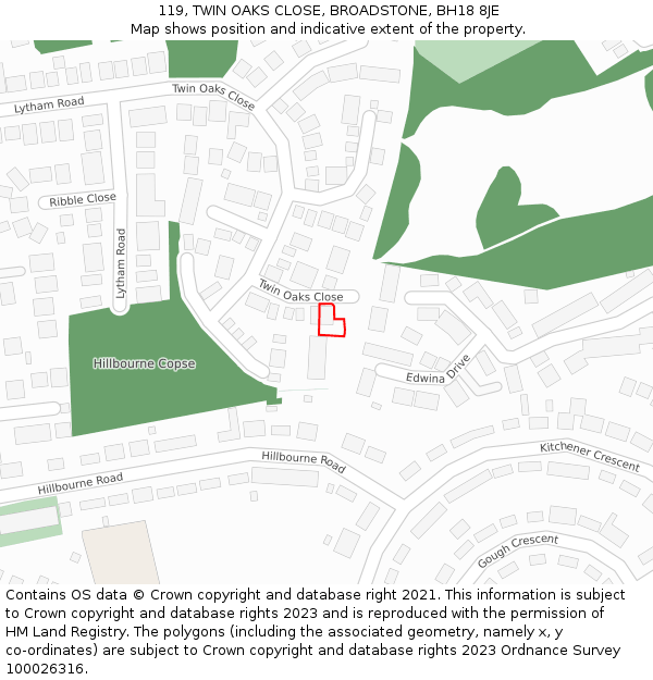 119, TWIN OAKS CLOSE, BROADSTONE, BH18 8JE: Location map and indicative extent of plot