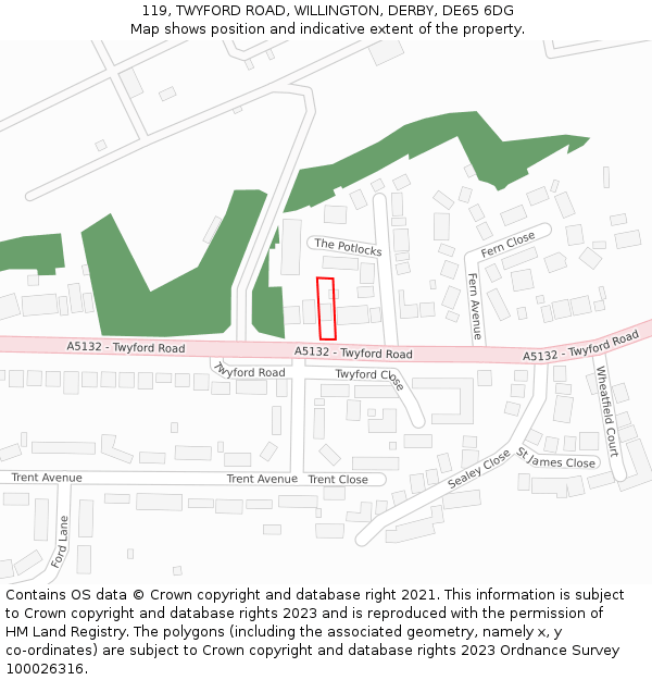 119, TWYFORD ROAD, WILLINGTON, DERBY, DE65 6DG: Location map and indicative extent of plot