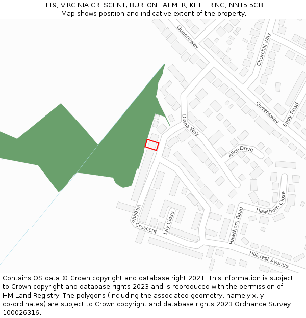 119, VIRGINIA CRESCENT, BURTON LATIMER, KETTERING, NN15 5GB: Location map and indicative extent of plot