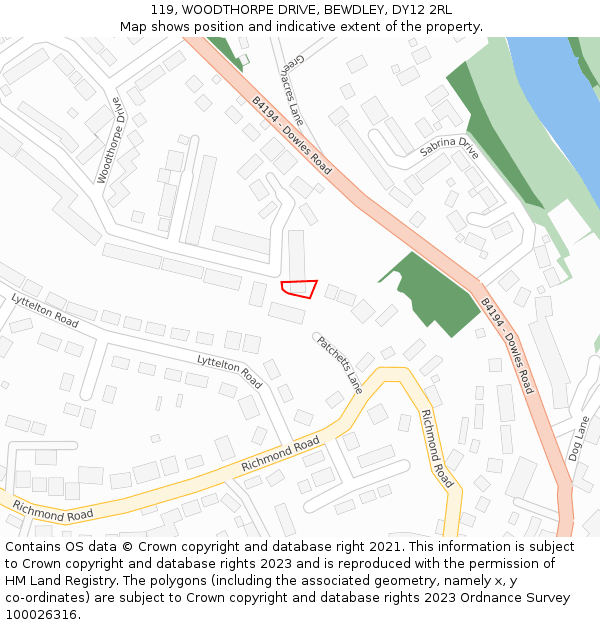 119, WOODTHORPE DRIVE, BEWDLEY, DY12 2RL: Location map and indicative extent of plot