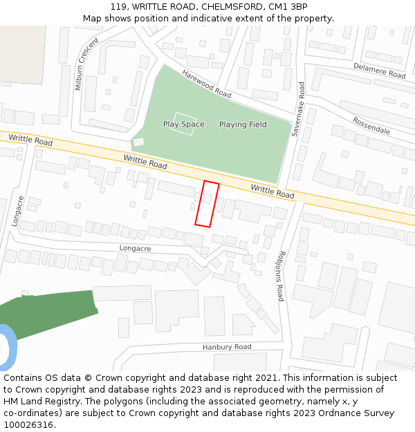 119, WRITTLE ROAD, CHELMSFORD, CM1 3BP: Location map and indicative extent of plot