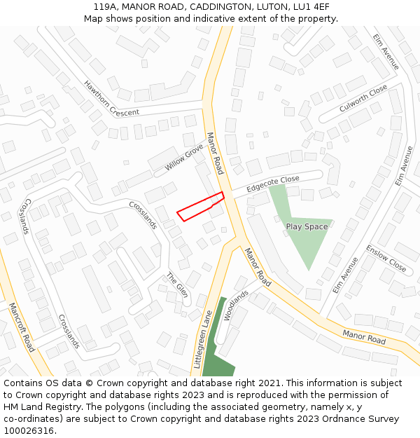 119A, MANOR ROAD, CADDINGTON, LUTON, LU1 4EF: Location map and indicative extent of plot