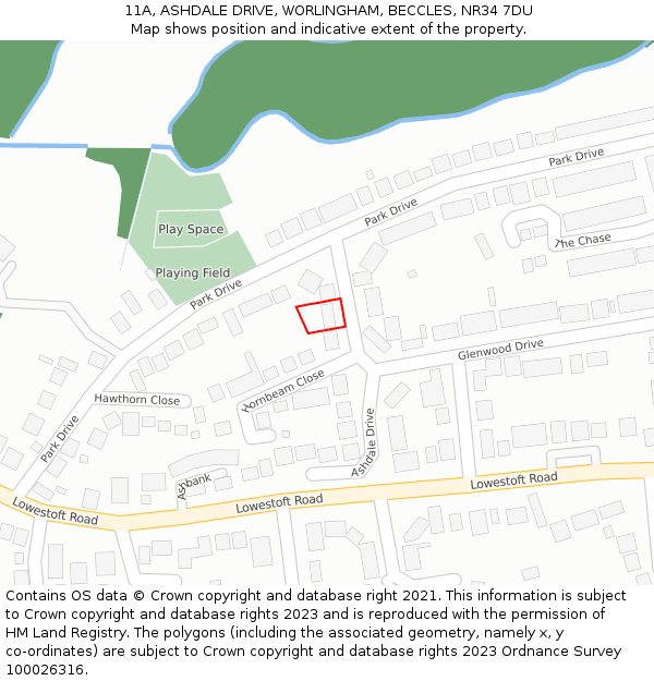 11A, ASHDALE DRIVE, WORLINGHAM, BECCLES, NR34 7DU: Location map and indicative extent of plot