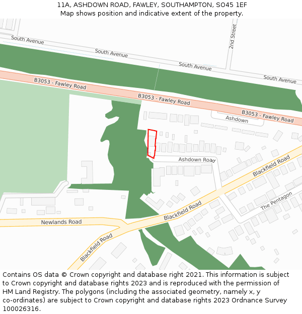 11A, ASHDOWN ROAD, FAWLEY, SOUTHAMPTON, SO45 1EF: Location map and indicative extent of plot
