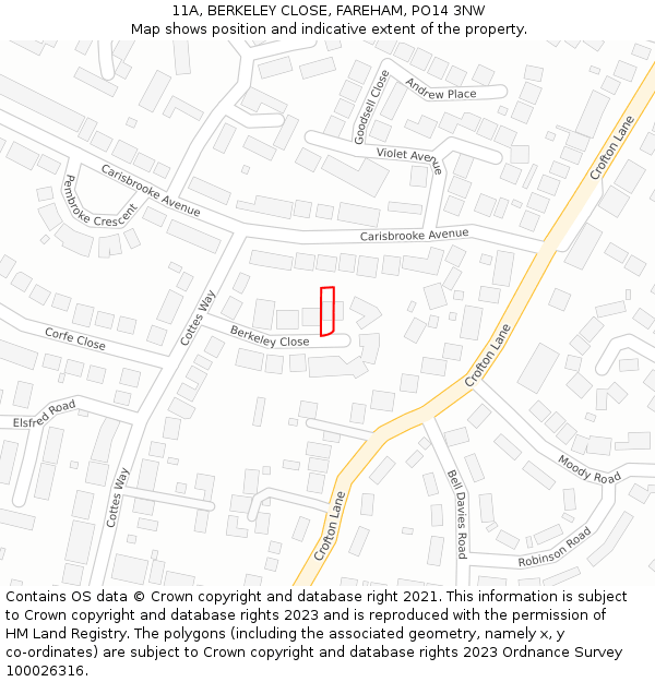 11A, BERKELEY CLOSE, FAREHAM, PO14 3NW: Location map and indicative extent of plot