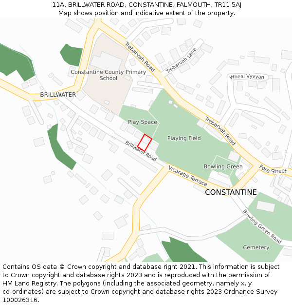 11A, BRILLWATER ROAD, CONSTANTINE, FALMOUTH, TR11 5AJ: Location map and indicative extent of plot