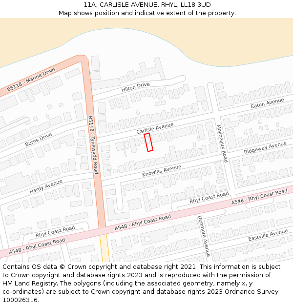 11A, CARLISLE AVENUE, RHYL, LL18 3UD: Location map and indicative extent of plot