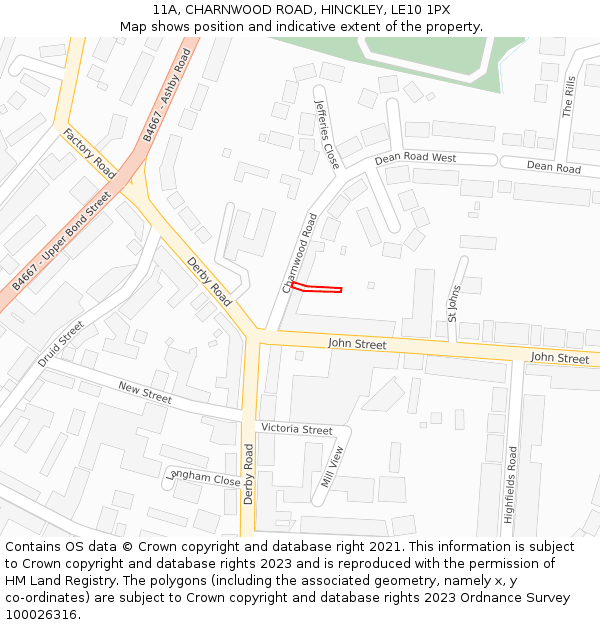 11A, CHARNWOOD ROAD, HINCKLEY, LE10 1PX: Location map and indicative extent of plot