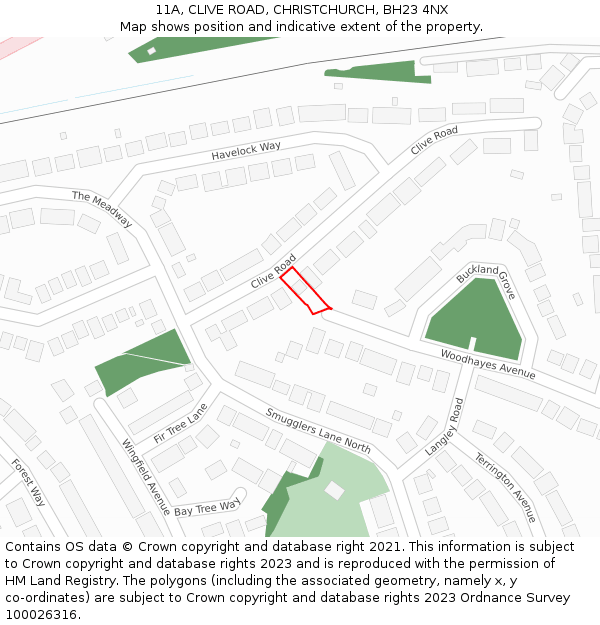 11A, CLIVE ROAD, CHRISTCHURCH, BH23 4NX: Location map and indicative extent of plot