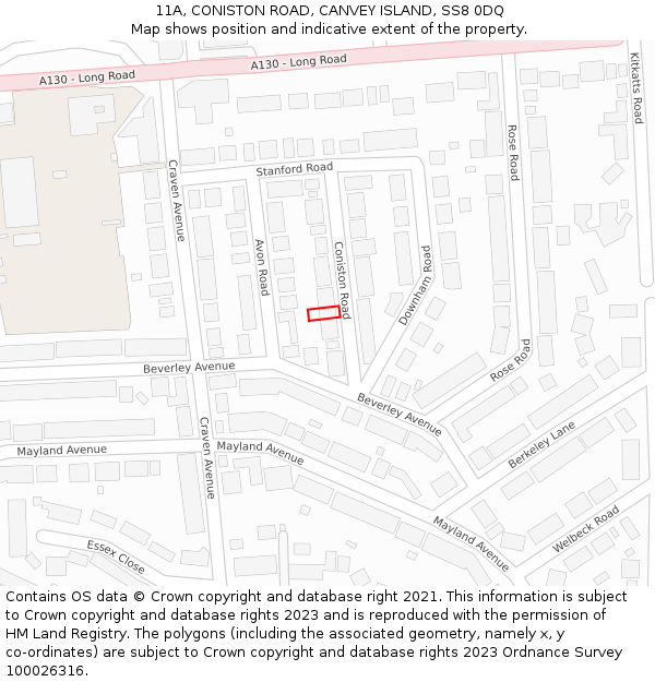 11A, CONISTON ROAD, CANVEY ISLAND, SS8 0DQ: Location map and indicative extent of plot