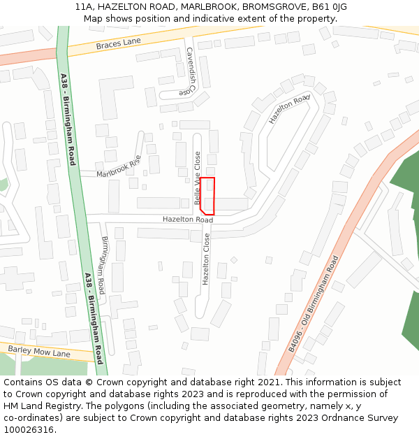 11A, HAZELTON ROAD, MARLBROOK, BROMSGROVE, B61 0JG: Location map and indicative extent of plot