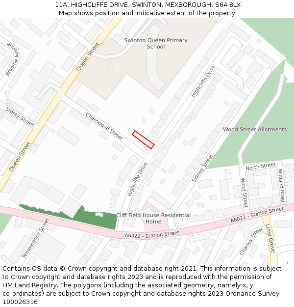 11A, HIGHCLIFFE DRIVE, SWINTON, MEXBOROUGH, S64 8LX: Location map and indicative extent of plot
