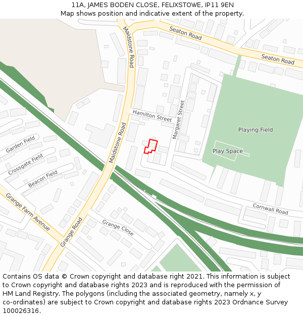 11A, JAMES BODEN CLOSE, FELIXSTOWE, IP11 9EN: Location map and indicative extent of plot