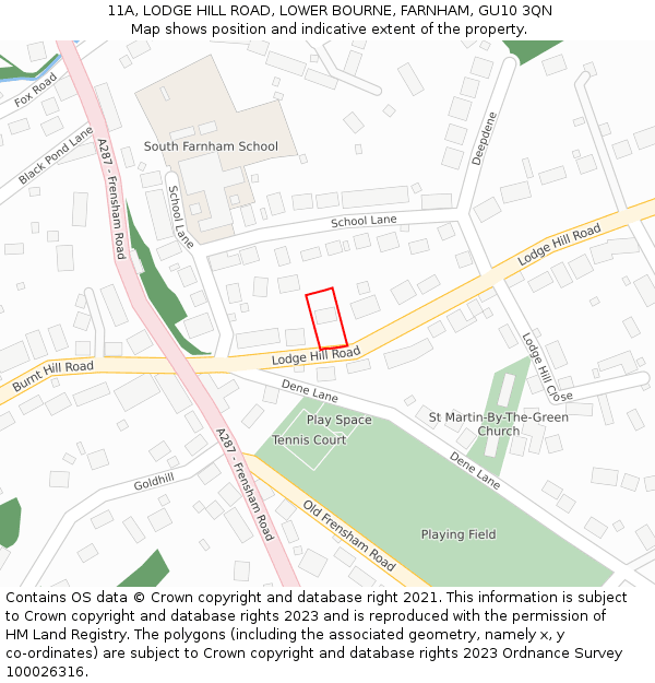 11A, LODGE HILL ROAD, LOWER BOURNE, FARNHAM, GU10 3QN: Location map and indicative extent of plot