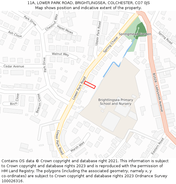 11A, LOWER PARK ROAD, BRIGHTLINGSEA, COLCHESTER, CO7 0JS: Location map and indicative extent of plot