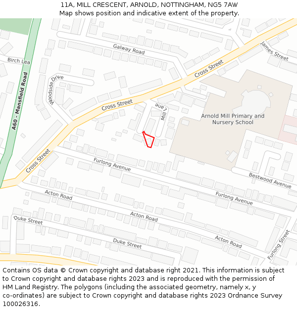 11A, MILL CRESCENT, ARNOLD, NOTTINGHAM, NG5 7AW: Location map and indicative extent of plot