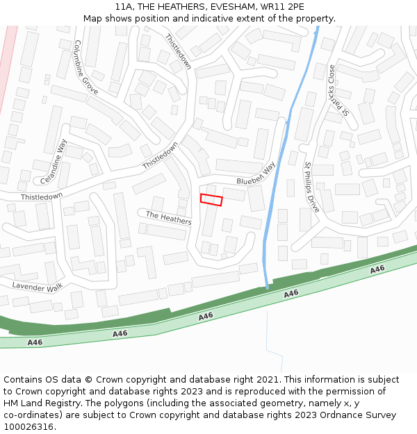 11A, THE HEATHERS, EVESHAM, WR11 2PE: Location map and indicative extent of plot