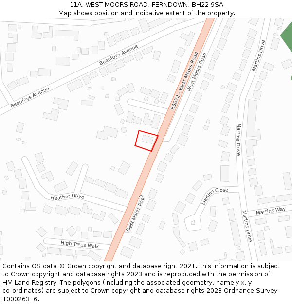 11A, WEST MOORS ROAD, FERNDOWN, BH22 9SA: Location map and indicative extent of plot