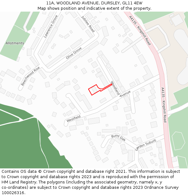 11A, WOODLAND AVENUE, DURSLEY, GL11 4EW: Location map and indicative extent of plot