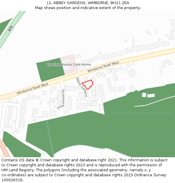 12, ABBEY GARDENS, WIMBORNE, BH21 2EA: Location map and indicative extent of plot