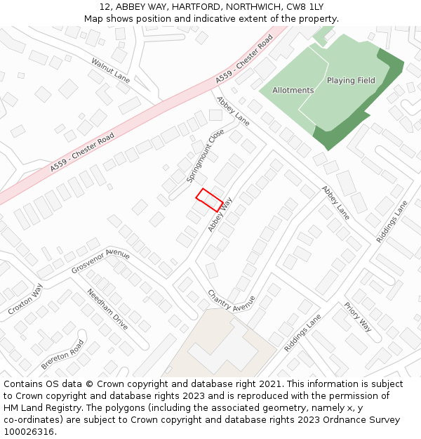 12, ABBEY WAY, HARTFORD, NORTHWICH, CW8 1LY: Location map and indicative extent of plot