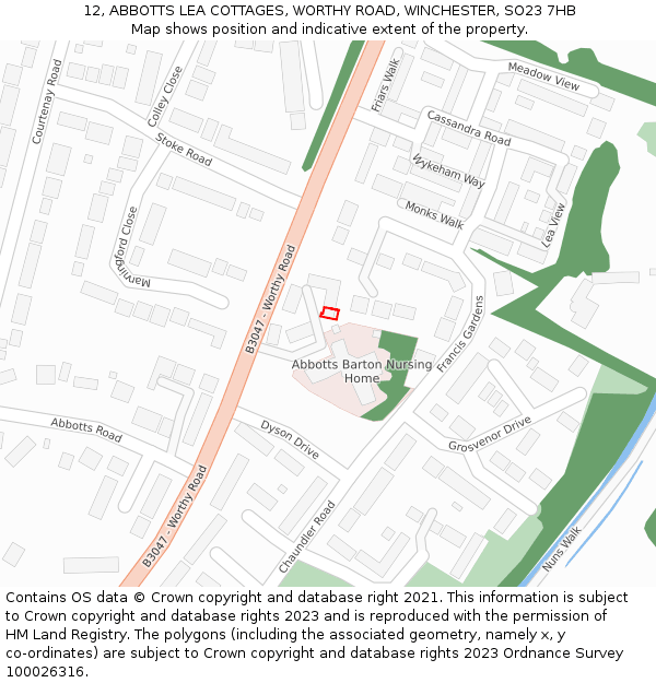 12, ABBOTTS LEA COTTAGES, WORTHY ROAD, WINCHESTER, SO23 7HB: Location map and indicative extent of plot