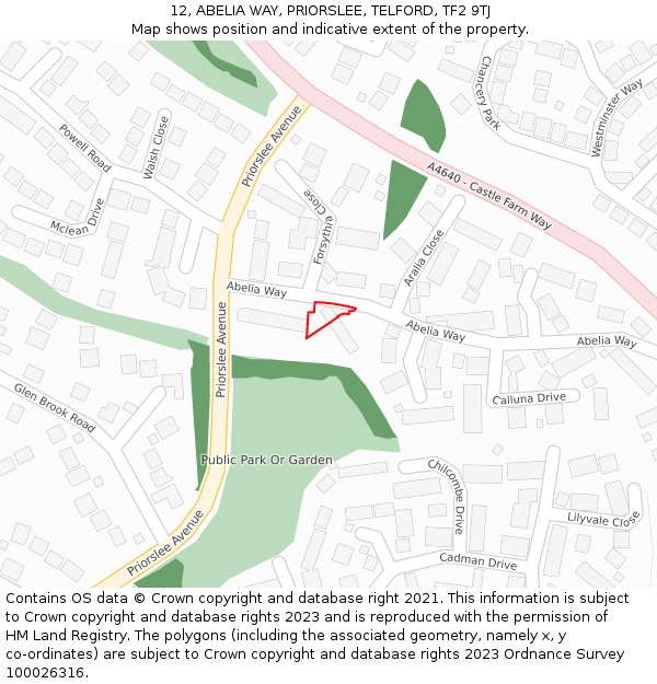 12, ABELIA WAY, PRIORSLEE, TELFORD, TF2 9TJ: Location map and indicative extent of plot