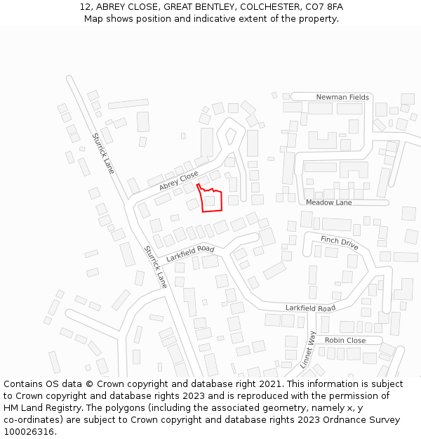 12, ABREY CLOSE, GREAT BENTLEY, COLCHESTER, CO7 8FA: Location map and indicative extent of plot