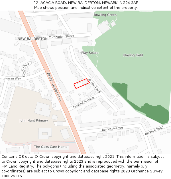 12, ACACIA ROAD, NEW BALDERTON, NEWARK, NG24 3AE: Location map and indicative extent of plot