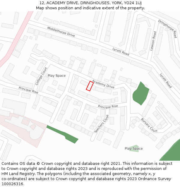 12, ACADEMY DRIVE, DRINGHOUSES, YORK, YO24 1UJ: Location map and indicative extent of plot