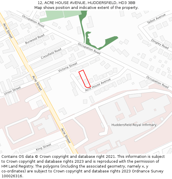 12, ACRE HOUSE AVENUE, HUDDERSFIELD, HD3 3BB: Location map and indicative extent of plot