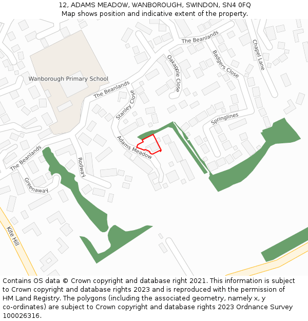 12, ADAMS MEADOW, WANBOROUGH, SWINDON, SN4 0FQ: Location map and indicative extent of plot