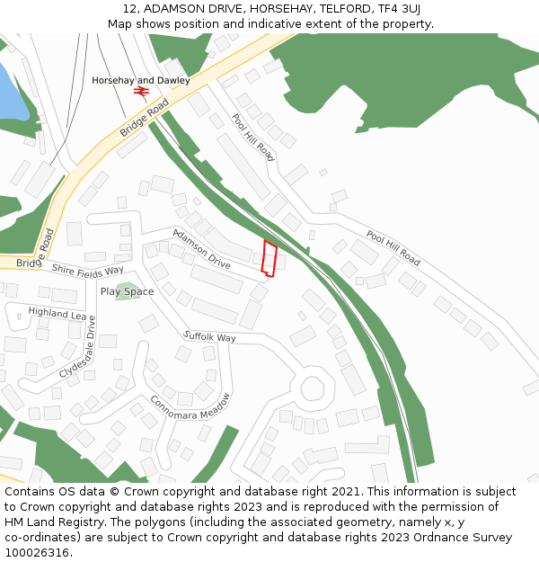 12, ADAMSON DRIVE, HORSEHAY, TELFORD, TF4 3UJ: Location map and indicative extent of plot