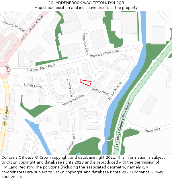 12, ADDENBROOK WAY, TIPTON, DY4 0QB: Location map and indicative extent of plot