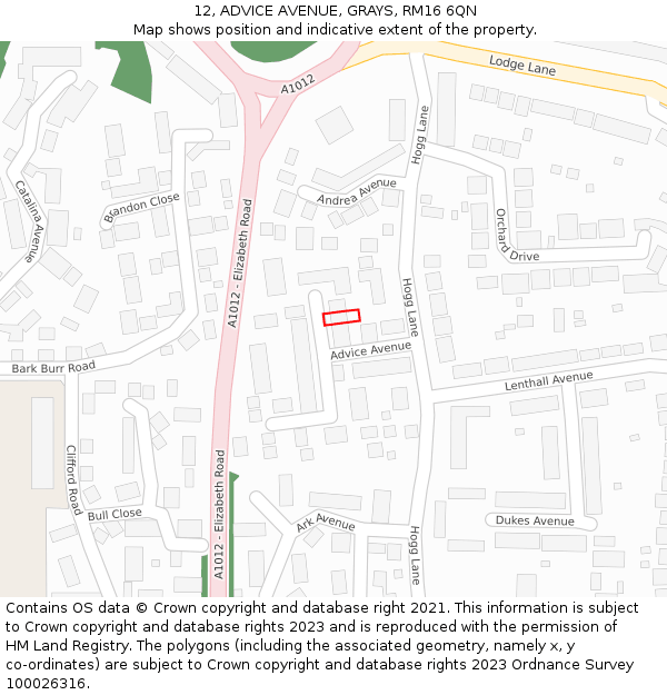 12, ADVICE AVENUE, GRAYS, RM16 6QN: Location map and indicative extent of plot