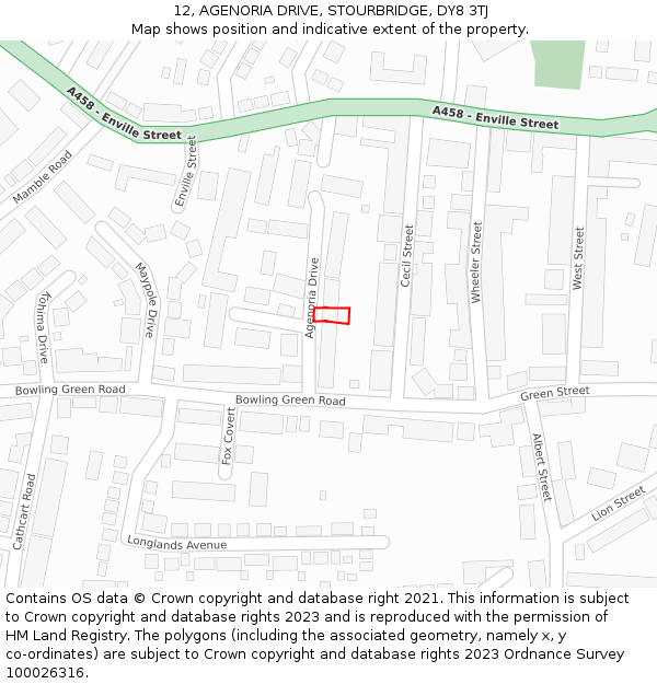 12, AGENORIA DRIVE, STOURBRIDGE, DY8 3TJ: Location map and indicative extent of plot