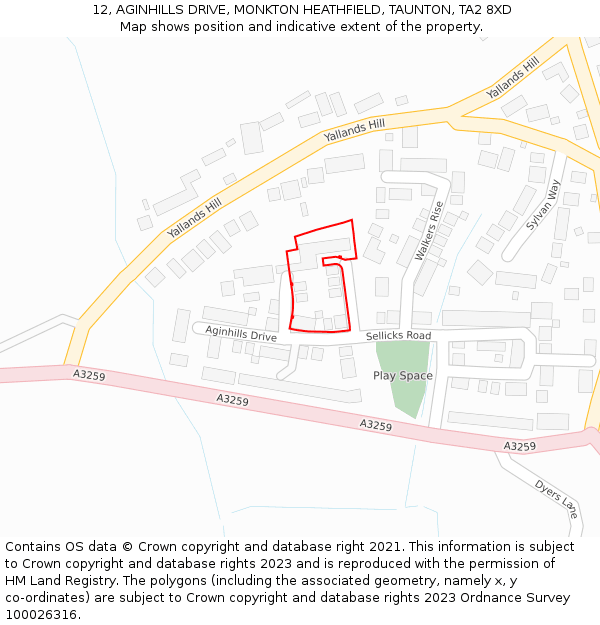 12, AGINHILLS DRIVE, MONKTON HEATHFIELD, TAUNTON, TA2 8XD: Location map and indicative extent of plot