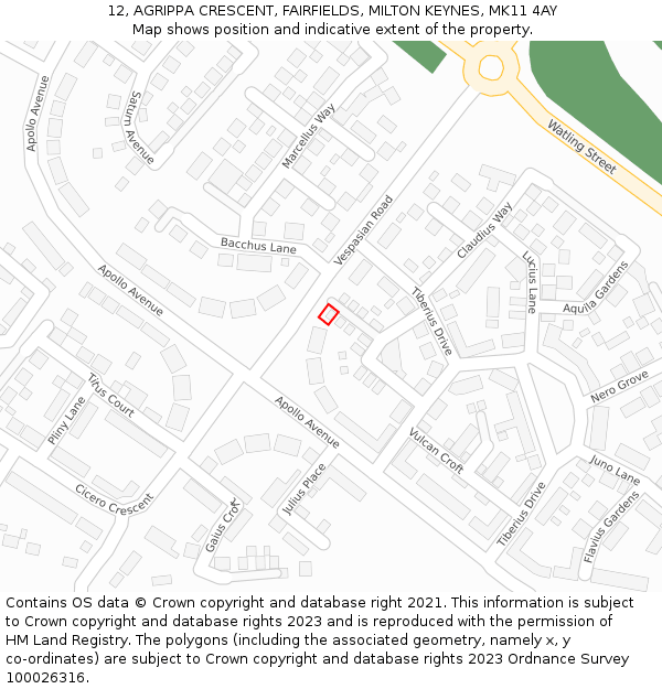 12, AGRIPPA CRESCENT, FAIRFIELDS, MILTON KEYNES, MK11 4AY: Location map and indicative extent of plot