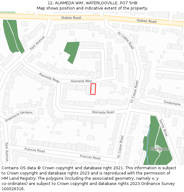 12, ALAMEDA WAY, WATERLOOVILLE, PO7 5HB: Location map and indicative extent of plot