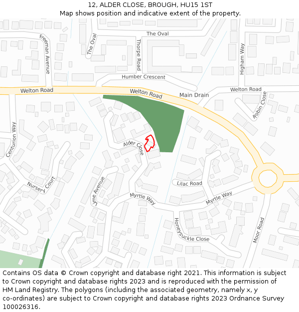 12, ALDER CLOSE, BROUGH, HU15 1ST: Location map and indicative extent of plot