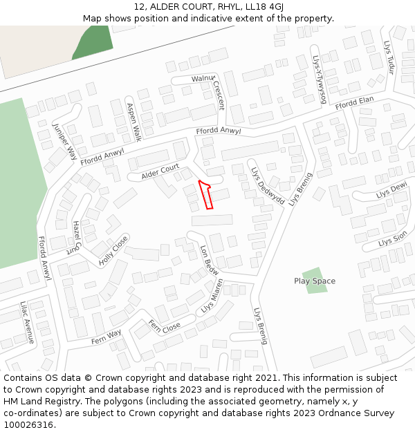 12, ALDER COURT, RHYL, LL18 4GJ: Location map and indicative extent of plot