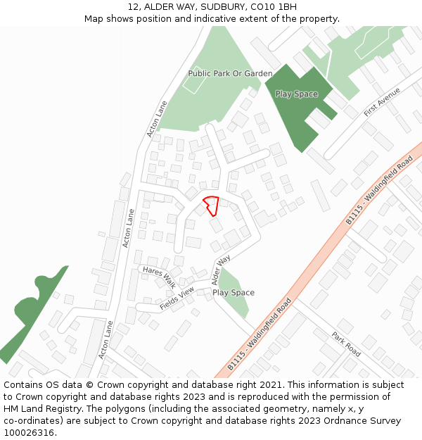 12, ALDER WAY, SUDBURY, CO10 1BH: Location map and indicative extent of plot