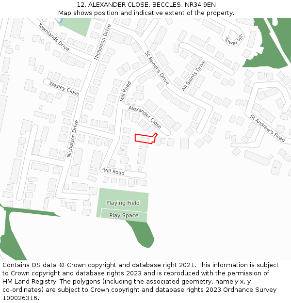 12, ALEXANDER CLOSE, BECCLES, NR34 9EN: Location map and indicative extent of plot