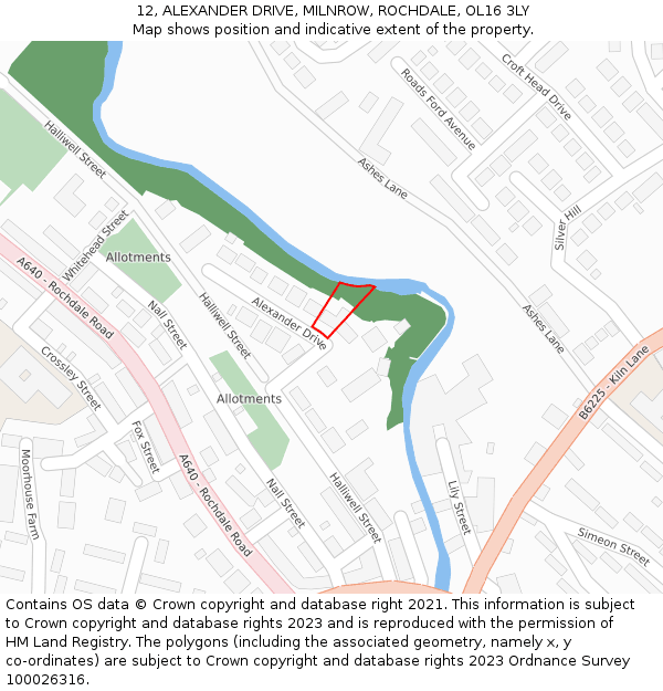 12, ALEXANDER DRIVE, MILNROW, ROCHDALE, OL16 3LY: Location map and indicative extent of plot