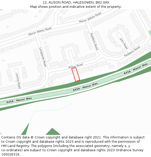 12, ALISON ROAD, HALESOWEN, B62 0AX: Location map and indicative extent of plot