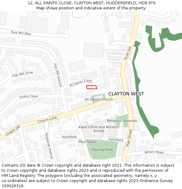 12, ALL SAINTS CLOSE, CLAYTON WEST, HUDDERSFIELD, HD8 9TS: Location map and indicative extent of plot