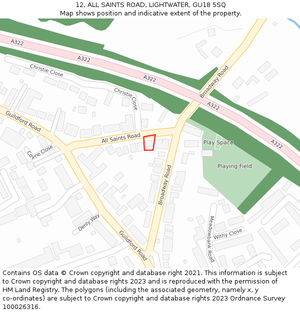 12, ALL SAINTS ROAD, LIGHTWATER, GU18 5SQ: Location map and indicative extent of plot