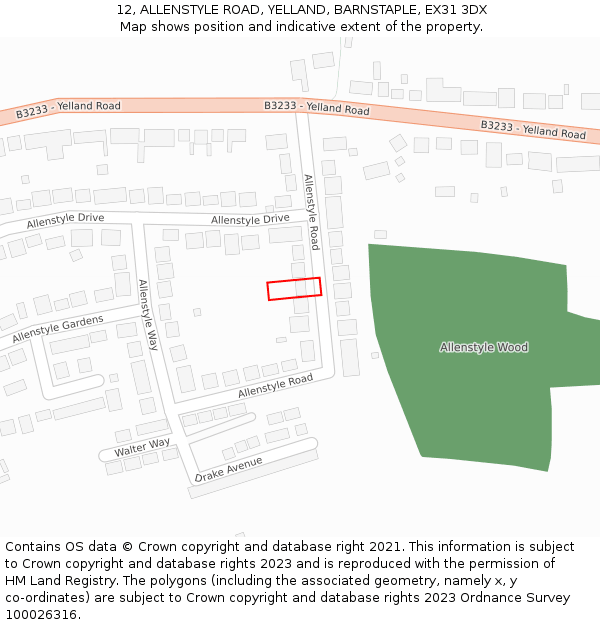 12, ALLENSTYLE ROAD, YELLAND, BARNSTAPLE, EX31 3DX: Location map and indicative extent of plot